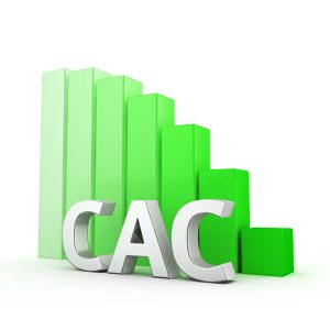 Moving down green bar graph of CAC on white. Value of the customer to the company reduction concept.